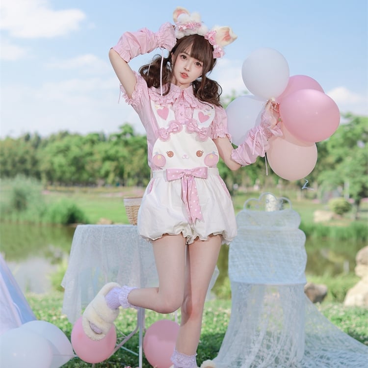 Bunny Applique Overalls with Polka Dot Blouse Bunny Applique Overalls with Polka Dot Blouse — Kawaii Outfits