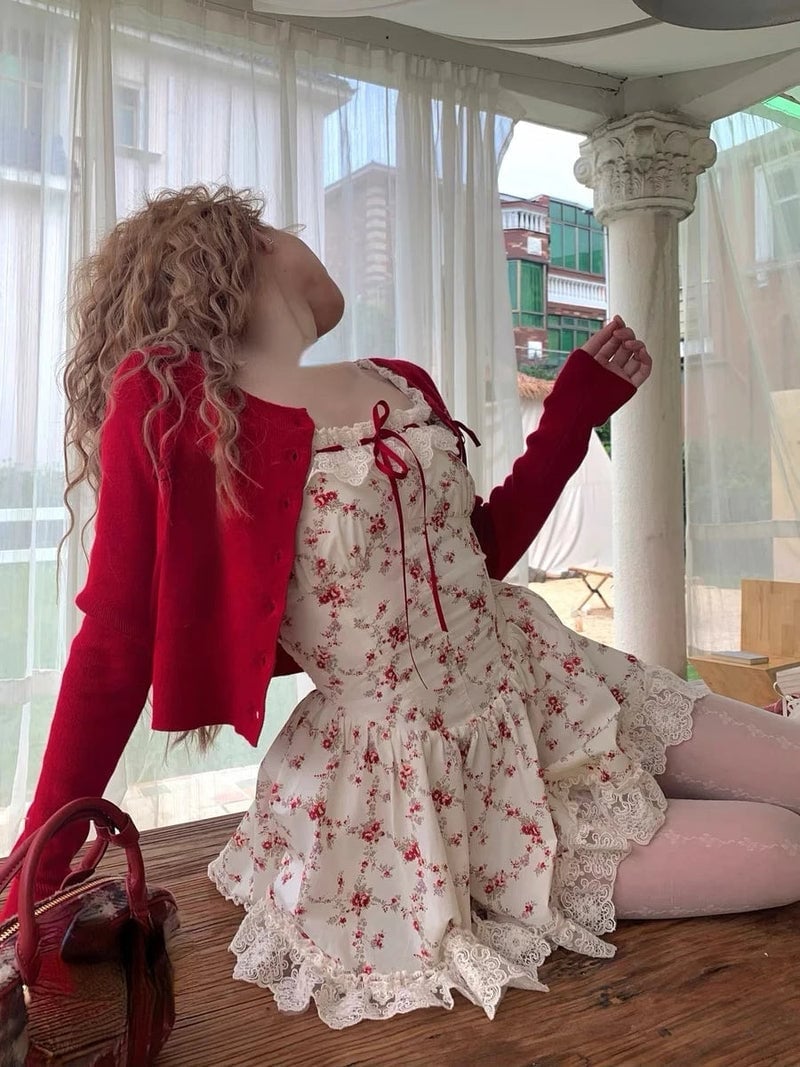 Floral Print Dress with Red Cardigan Floral Print Dress with Red Cardigan — Kawaii Outfits