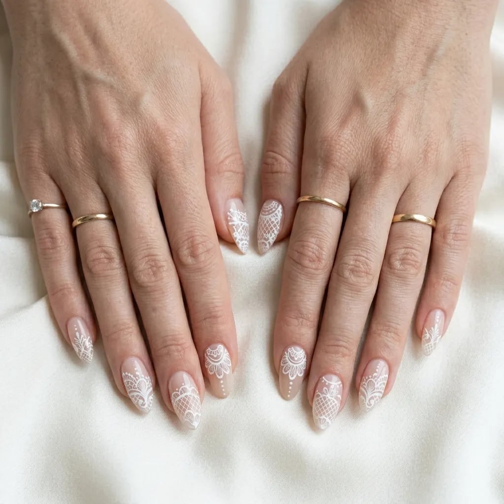 Medium Almond White Lace Overlay Nails Medium Almond White Lace Overlay Nails — Lace Nails
