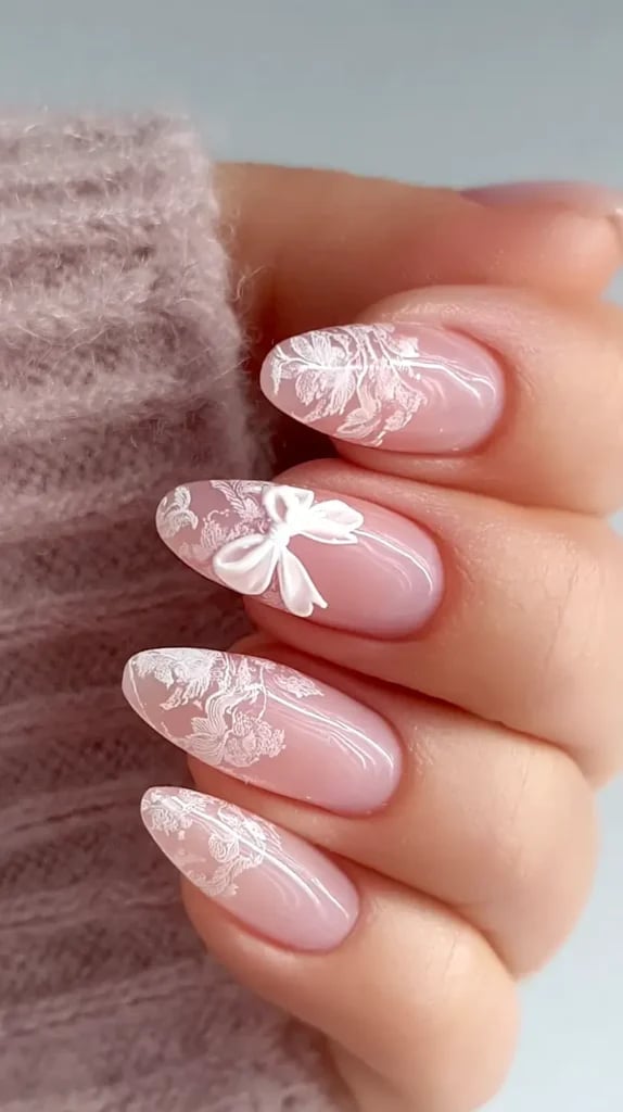 Medium Oval Lace and 3D Bow Nails Medium Oval Lace and 3D Bow Nails — Lace Nails