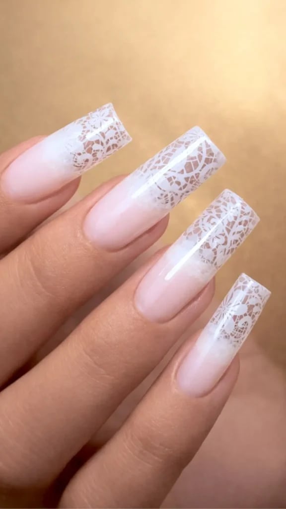 Long Almond Pink Lace Nails Long Almond Pink Lace Nails