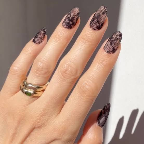 Medium Almond Black Lace Nails Medium Almond Black Lace Nails