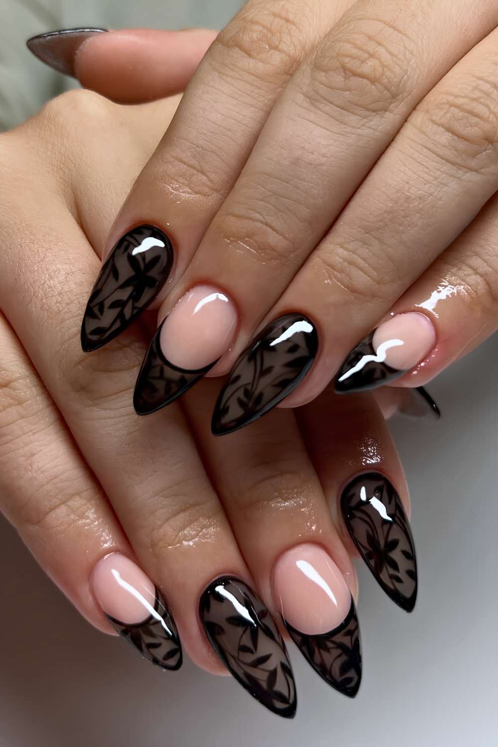 Medium Sharp Almond Transparent Black Lace Nails Medium Sharp Almond Transparent Black Lace Nails