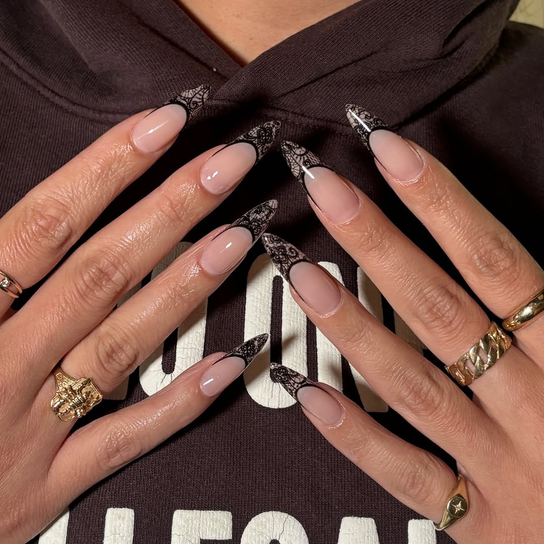 Long Sharp Almond Black Lace French Nails Long Sharp Almond Black Lace French Nails — Lace Nails
