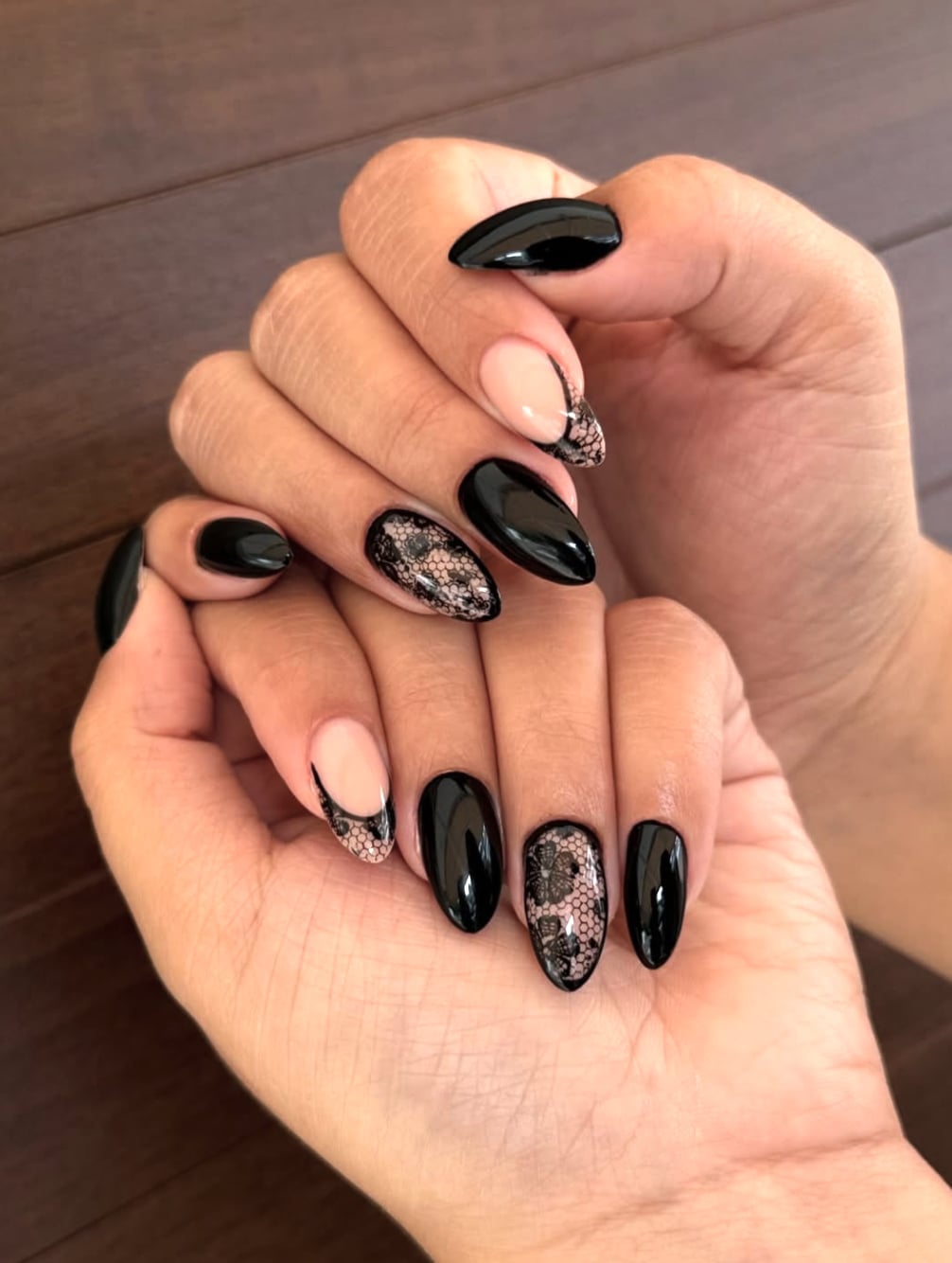 Medium Stiletto Black and Nude Lace Nails Medium Stiletto Black and Nude Lace Nails