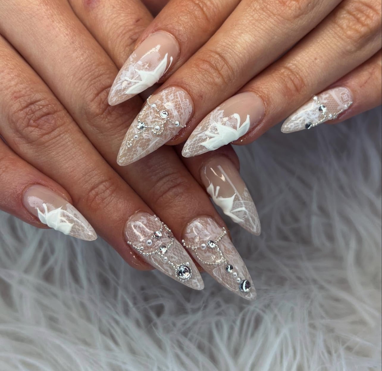 Long Stiletto Lace with Pearl and Rhinestone Nails Long Stiletto Lace with Pearl and Rhinestone Nails — Lace Nails