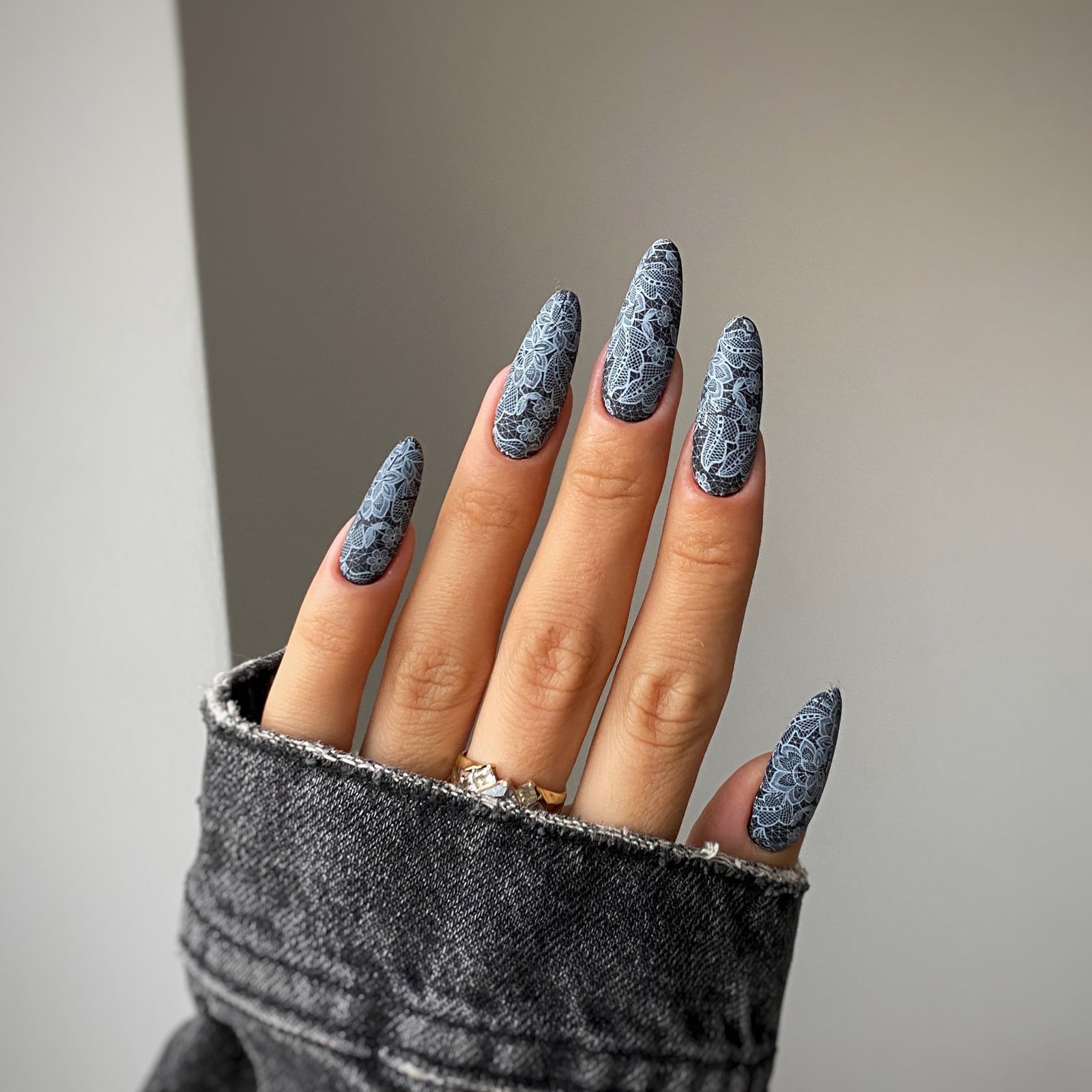 Long Almond Dark Gray Matte Lace Nails Long Almond Dark Gray Matte Lace Nails