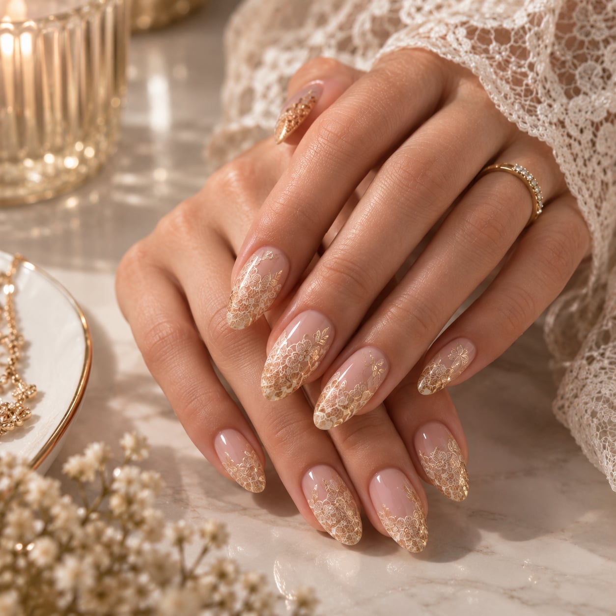 Medium Oval Gold Lace Overlay Nails Medium Oval Gold Lace Overlay Nails — Lace Nails