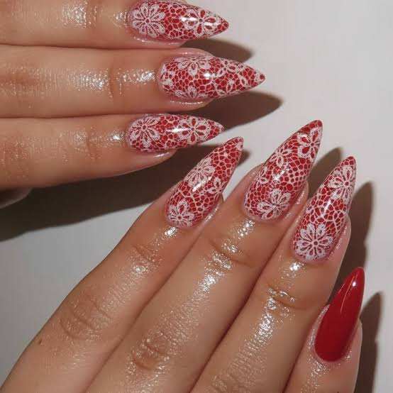 Long Almond Red White Lace Nails Long Almond Red White Lace Nails