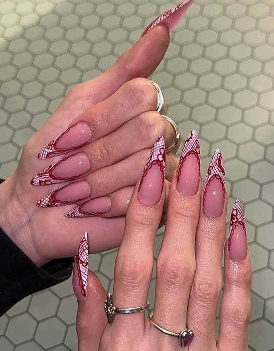 Long Stiletto Red White Lace Tips Long Stiletto Red White Lace Tips — Lace Nails