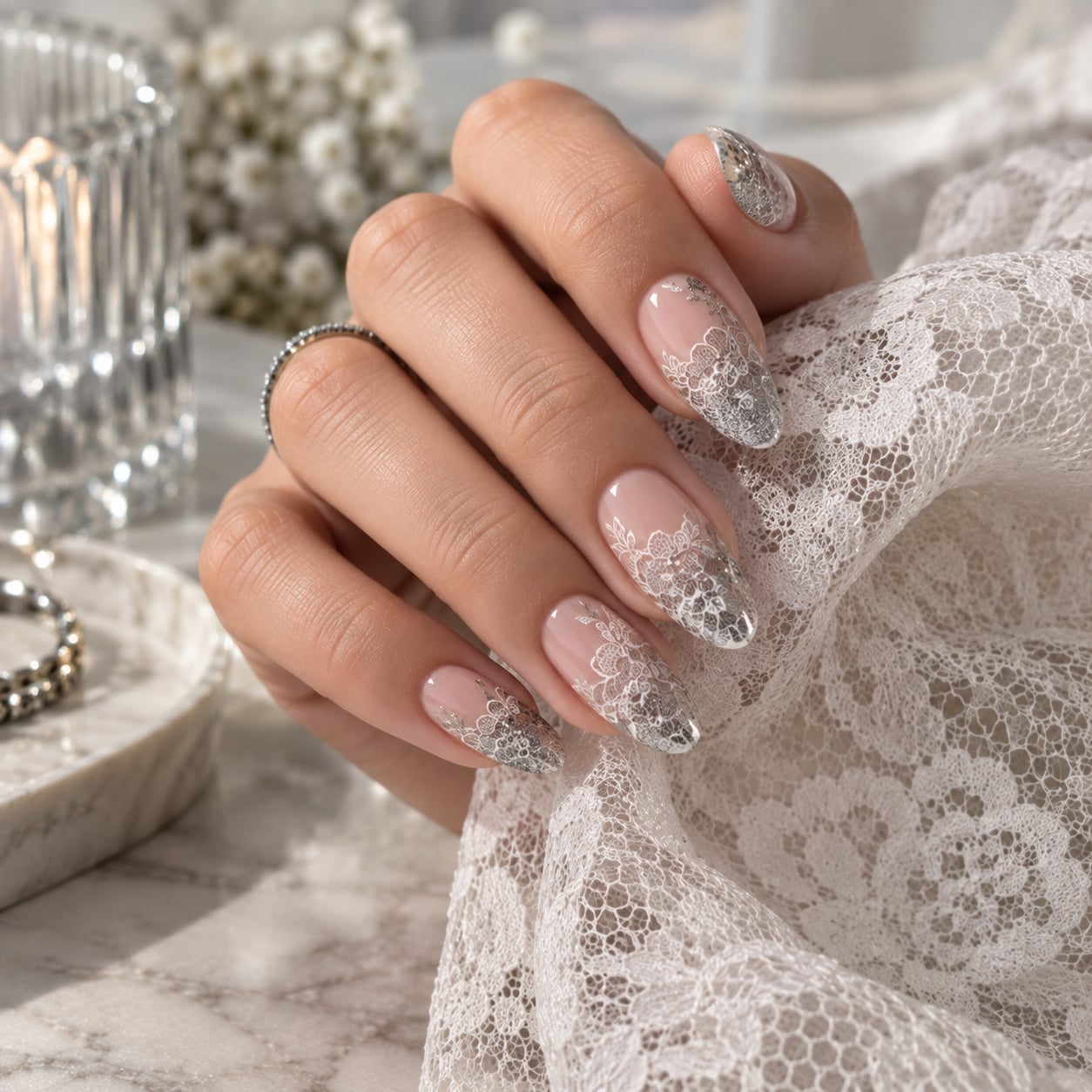 Medium Oval Silver Lace Tip Nails Medium Oval Silver Lace Tip Nails — Lace Nails