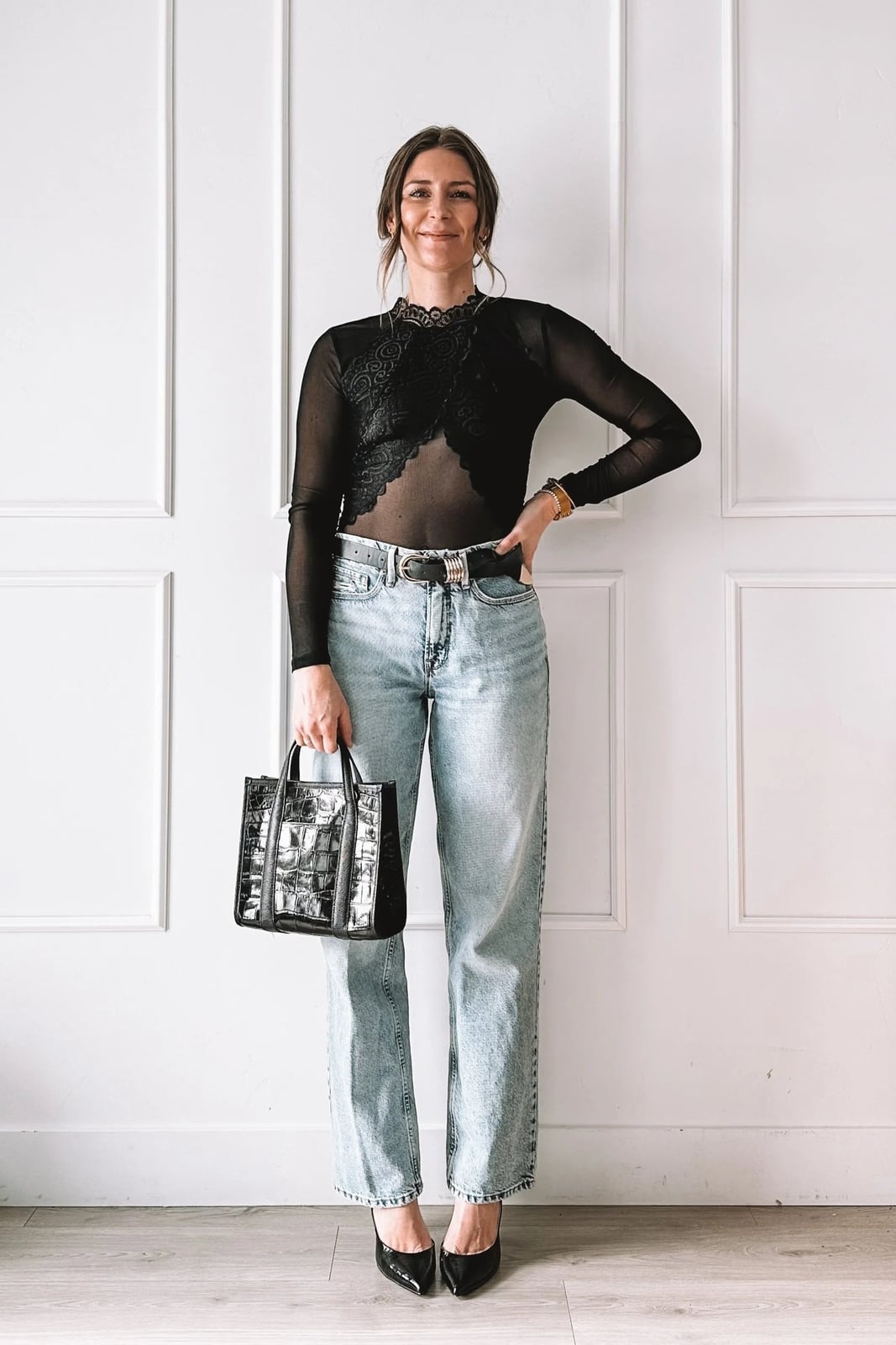 Black Sheer Lace Top With Straight Leg Jeans Black Sheer Lace Top With Straight Leg Jeans — Lace Top Outfit