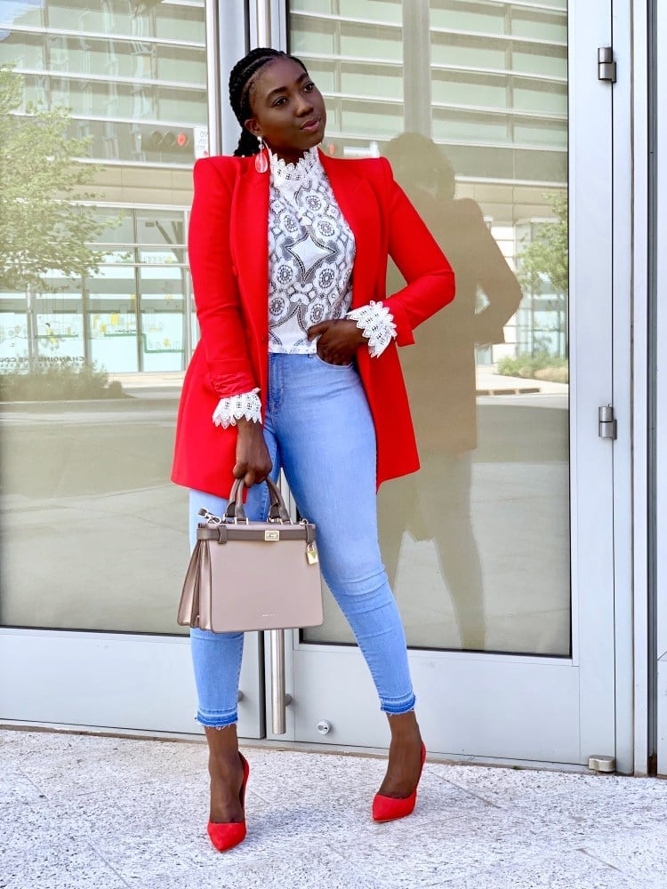 White Lace Top Under Red Blazer With Skinny Jeans White Lace Top Under Red Blazer With Skinny Jeans — Lace Top Outfit