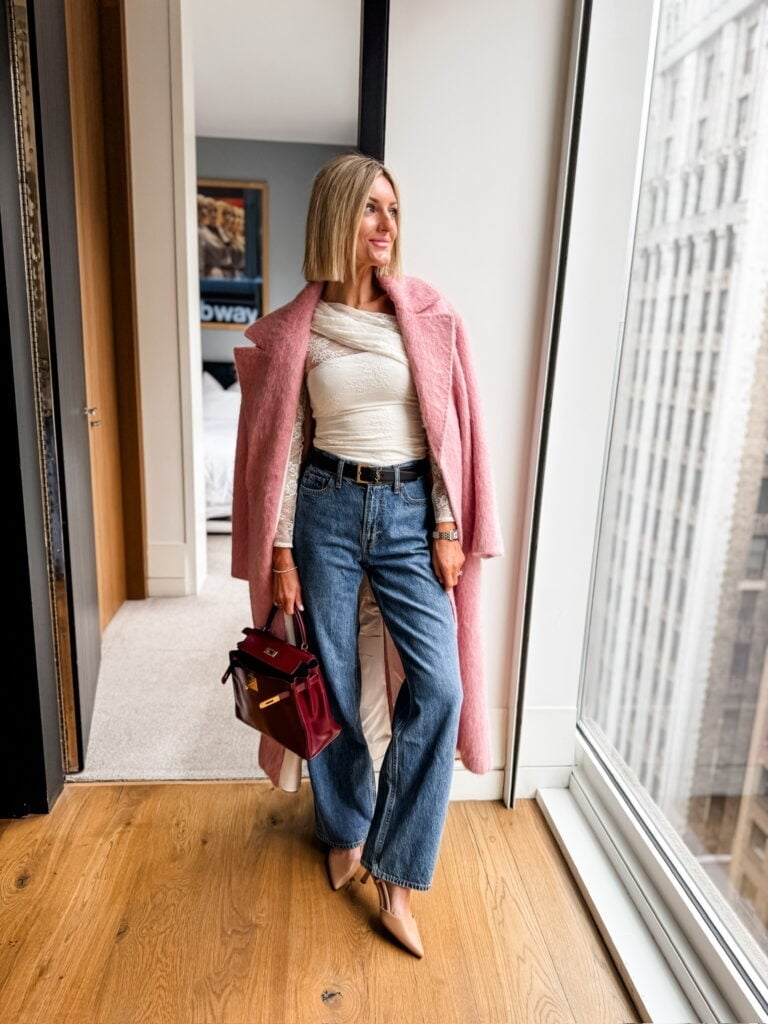 Cream Lace Top Under Pink Coat With Wide Leg Jeans Cream Lace Top Under Pink Coat With Wide Leg Jeans — Lace Top Outfit