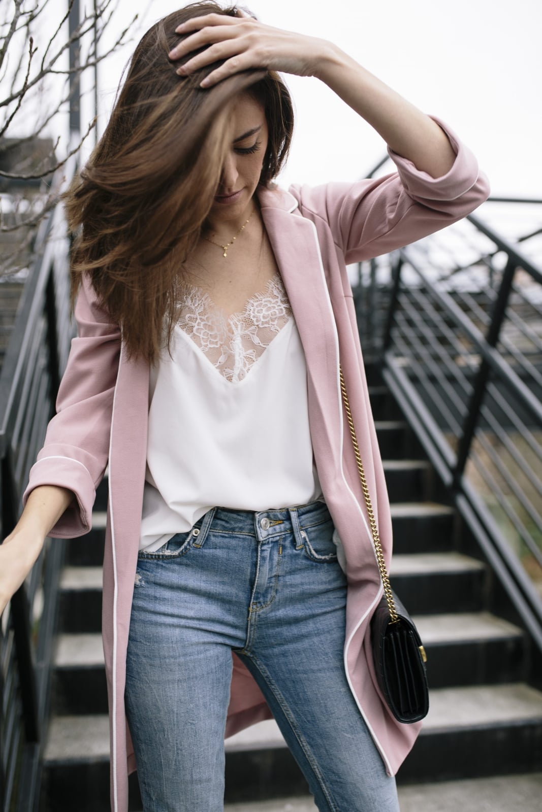 Lace Camisole Under Pink Satin Duster Coat, Black Crossbody Bag Lace Camisole Under Pink Satin Duster Coat, Black Crossbody Bag — Lace Top Outfit
