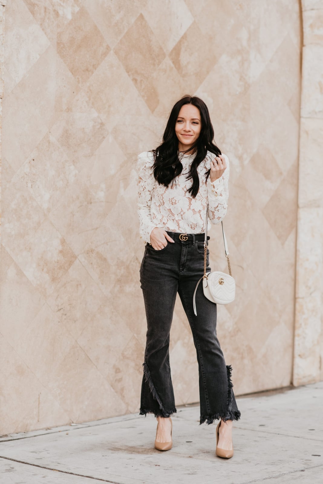 White Lace Puff Sleeve Top With Gray Flared Jeans, Close-Up Take White Lace Puff Sleeve Top With Gray Flared Jeans, Close-Up Take — Lace Top Outfit