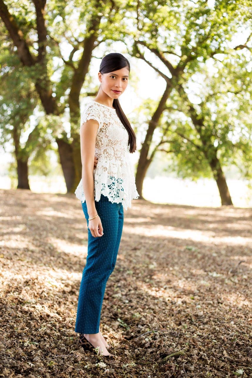 White Lace Peplum Top With Slim Trousers, Pointed Toe Flats White Lace Peplum Top With Slim Trousers, Pointed Toe Flats — Lace Top Outfit