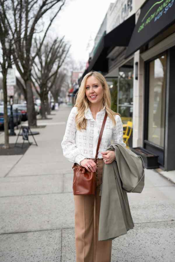 White Lace Shirt With Tan Wide Leg Trousers, Brown Block Heels White Lace Shirt With Tan Wide Leg Trousers, Brown Block Heels — Lace Top Outfit