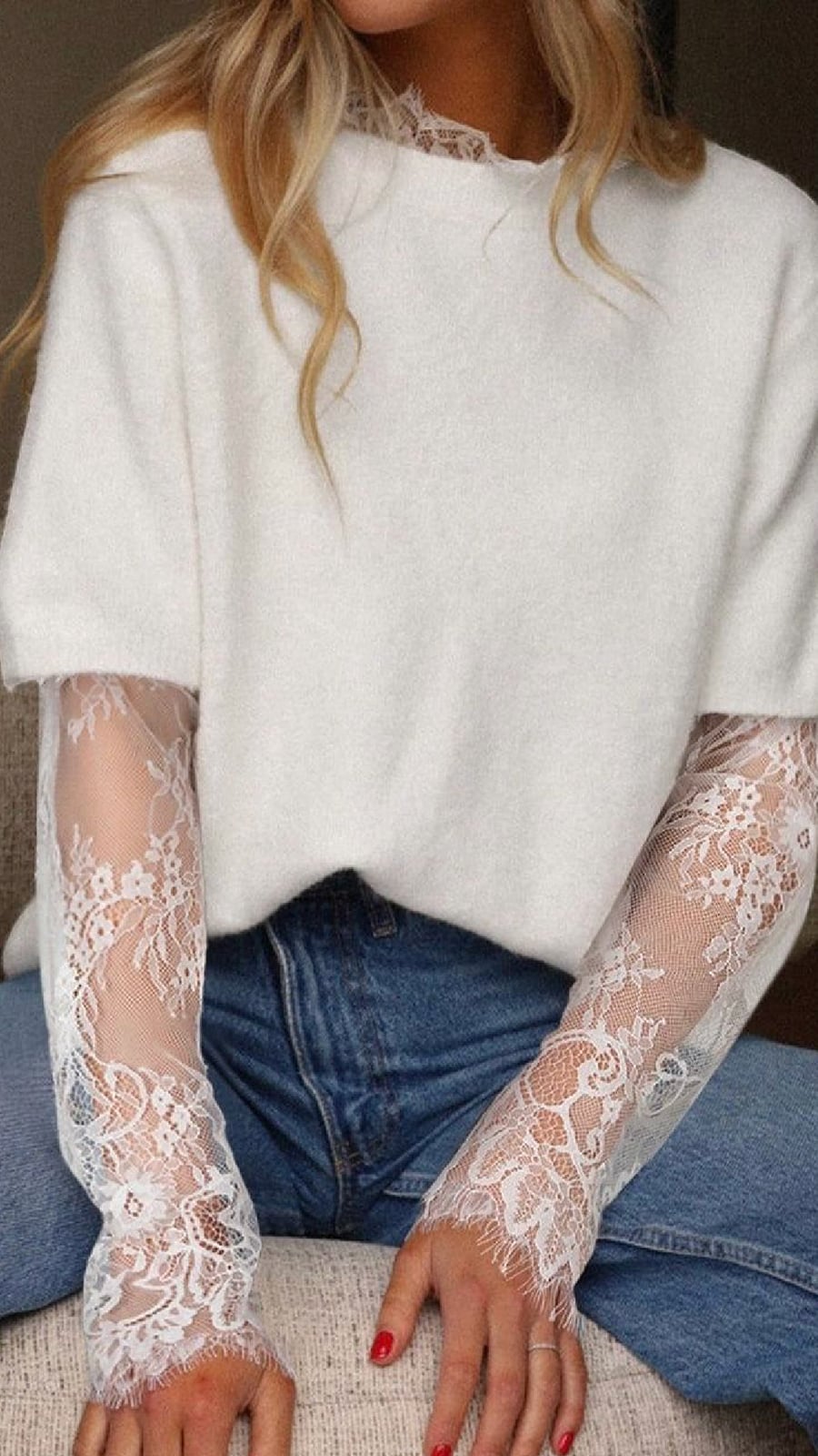 White Lace Sleeves Under Oversized Knit Sweater, Office-Safe Version White Lace Sleeves Under Oversized Knit Sweater, Office-Safe Version — Lace Top Outfit