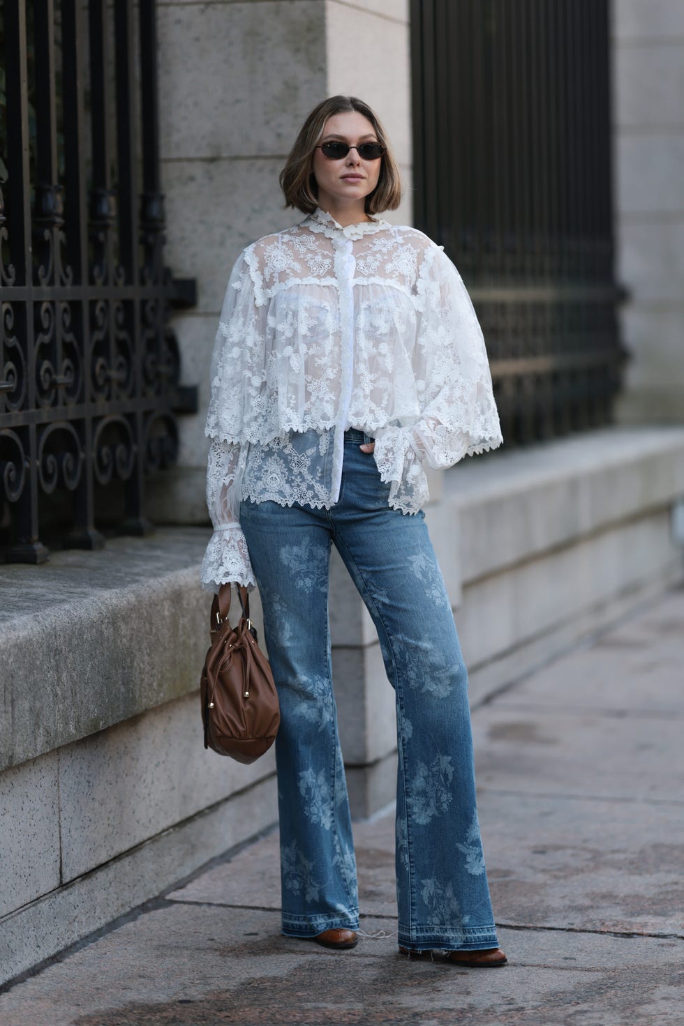 Floral Lace Blouse With Printed Wide Leg Jeans Floral Lace Blouse With Printed Wide Leg Jeans — Lace Top Outfit