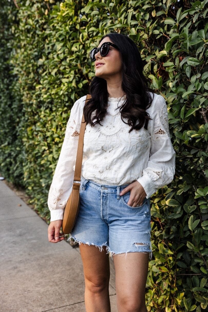 Embroidered Lace Blouse With Distressed Denim Shorts Embroidered Lace Blouse With Distressed Denim Shorts — Lace Top Outfit