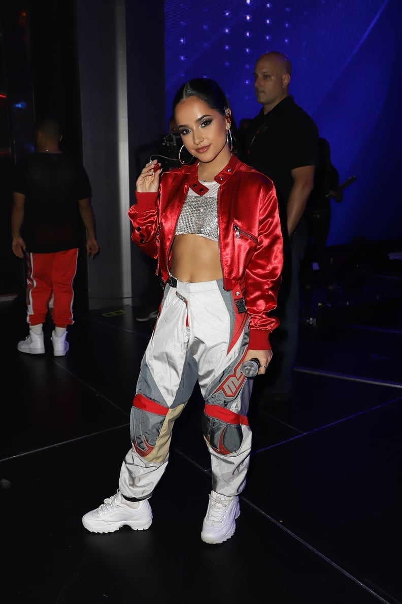 Red Bomber Jacket With Sparkly Crop Top Red Bomber Jacket With Sparkly Crop Top — Latina Outfits