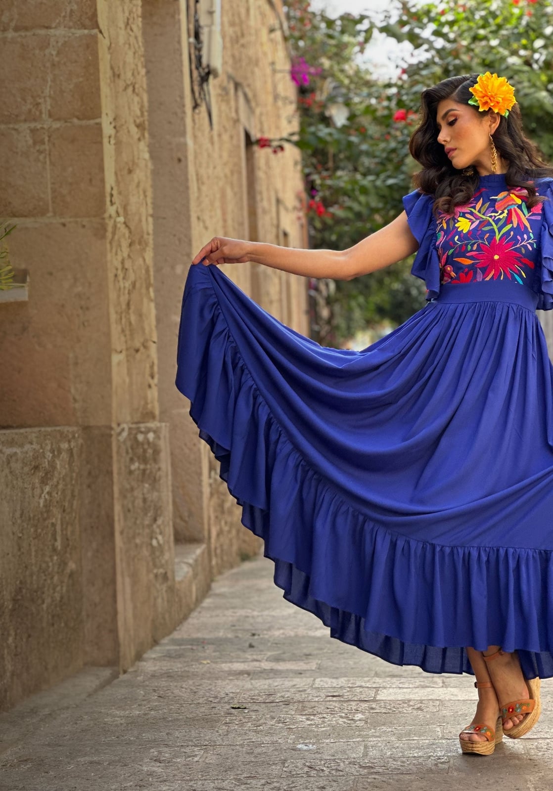 Royal Blue Embroidered Dress With Ruffles Royal Blue Embroidered Dress With Ruffles — Latina Outfits