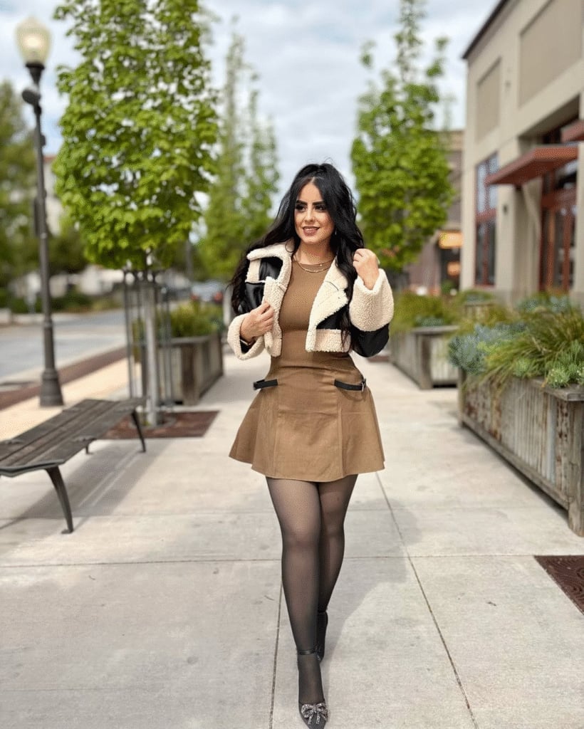 Neutral Shearling Jacket With Mini Skirt Neutral Shearling Jacket With Mini Skirt — Latina Outfits