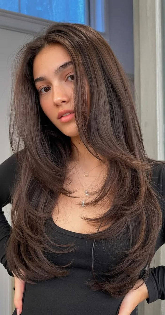 Long Dark Brown Layers With Balayage Long Dark Brown Layers With Balayage — Layers Hair
