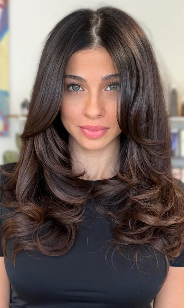Mid-Back Dark Brown With Sculpted Layers, Wavy Mid-Back Dark Brown With Sculpted Layers, Wavy — Layers Hairstyles