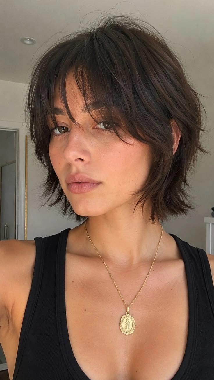Chin Length Shag Bob With Choppy Bangs Chin Length Shag Bob With Choppy Bangs — Layers Hairstyles