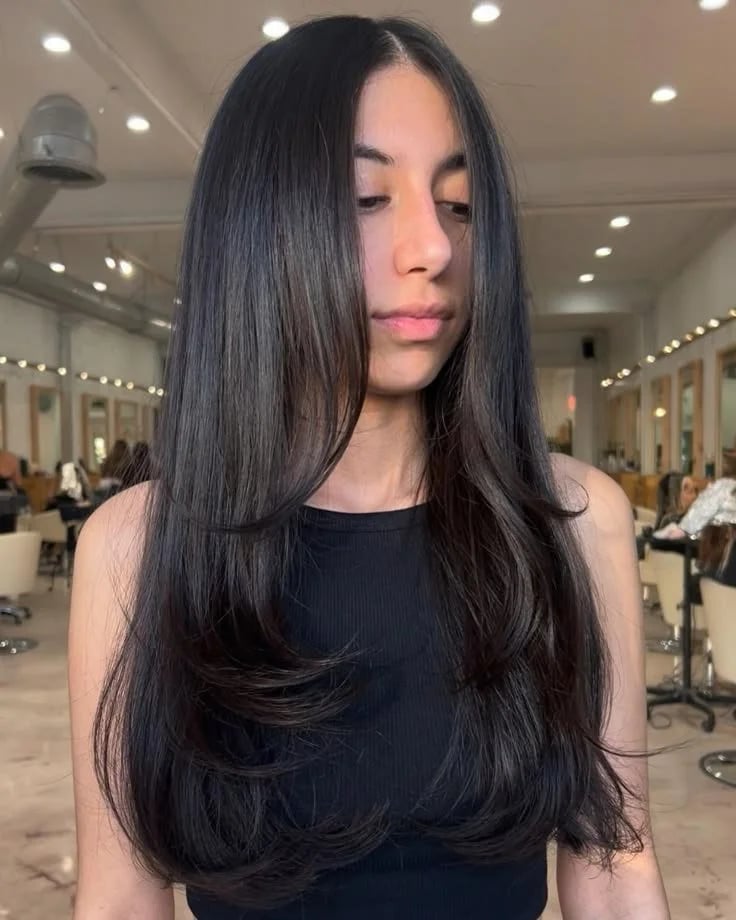 Mid-Back Straight Dark Brown With Curtain Bangs, Close-Up Take Mid-Back Straight Dark Brown With Curtain Bangs, Close-Up Take — Layers Hairstyles
