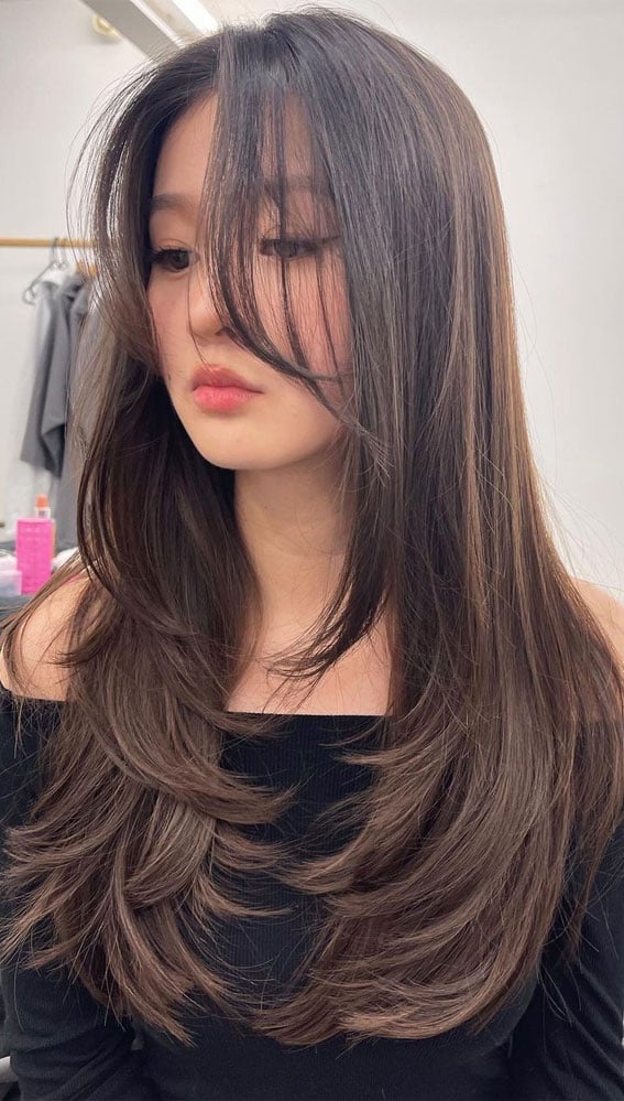 Mid-Back Dark Brown Layers With Wispy Bangs Mid-Back Dark Brown Layers With Wispy Bangs — Layers Hairstyles