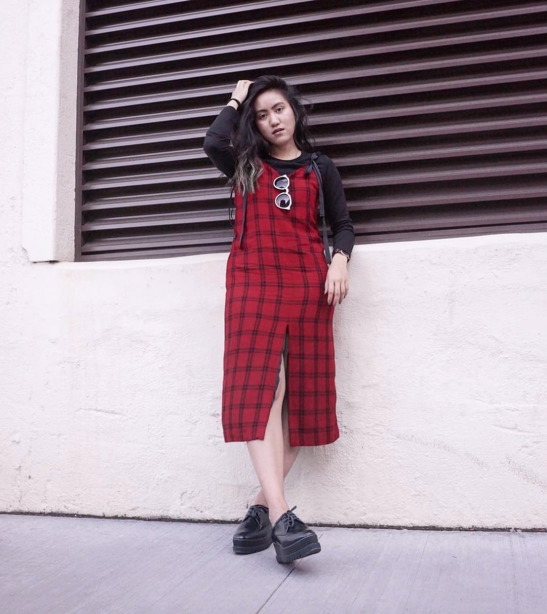Plaid pinafore dress over a black long-sleeve Plaid pinafore dress over a black long-sleeve — Lazy Outfits