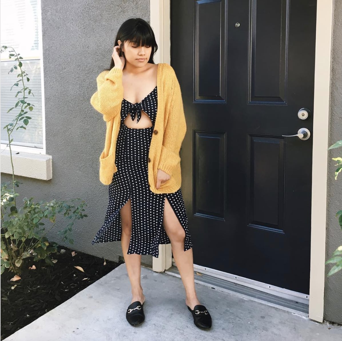 Yellow cardigan over a polka dot midi dress Yellow cardigan over a polka dot midi dress — Lazy Outfits
