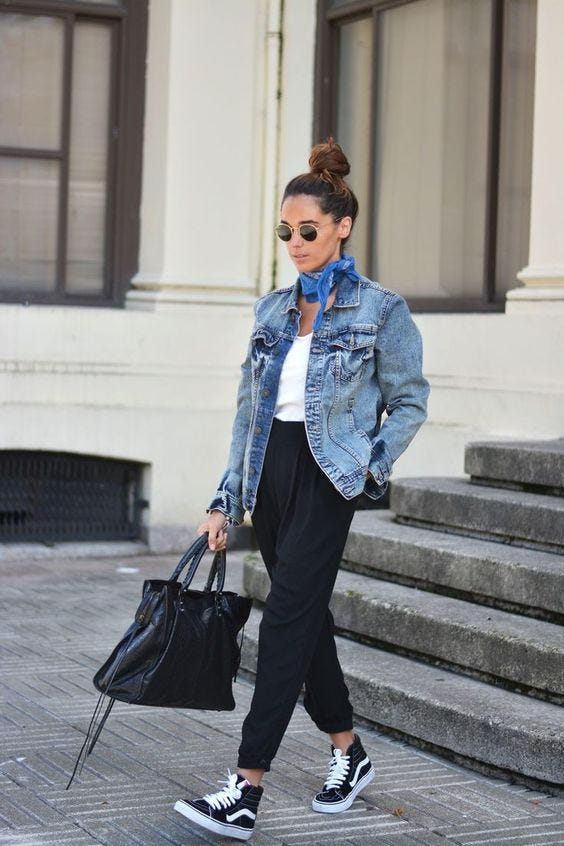 Denim jacket over tank with jogger pants Denim jacket over tank with jogger pants — Lazy Outfits