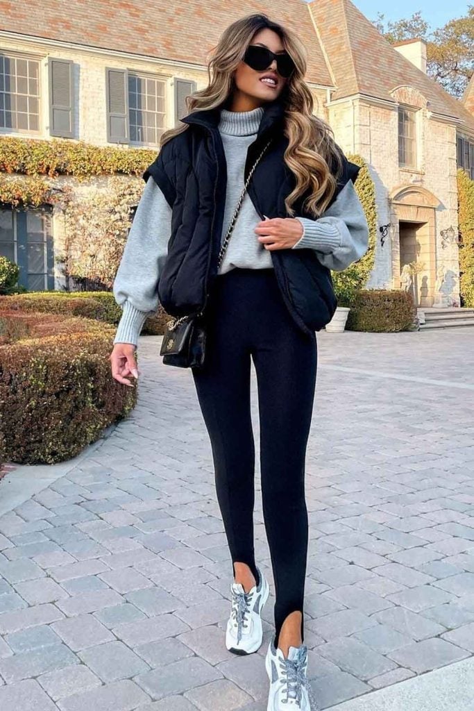 Puffer vest over gray turtleneck and leggings Puffer vest over gray turtleneck and leggings — Lazy Outfits
