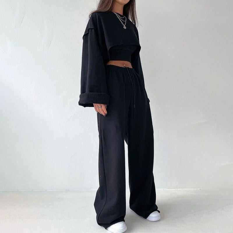 Black cropped sweatshirt with wide-leg sweatpants Black cropped sweatshirt with wide-leg sweatpants — Lazy Outfits