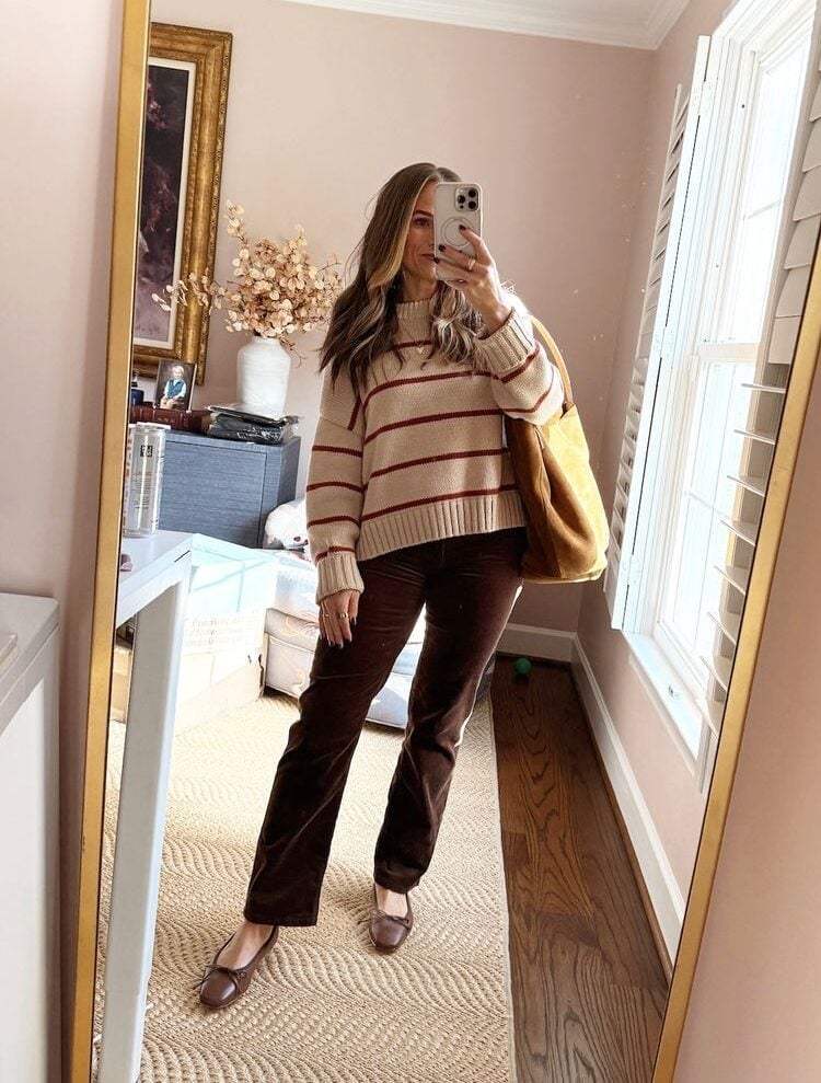 Striped knit sweater with corduroy trousers Striped knit sweater with corduroy trousers — Lazy Outfits