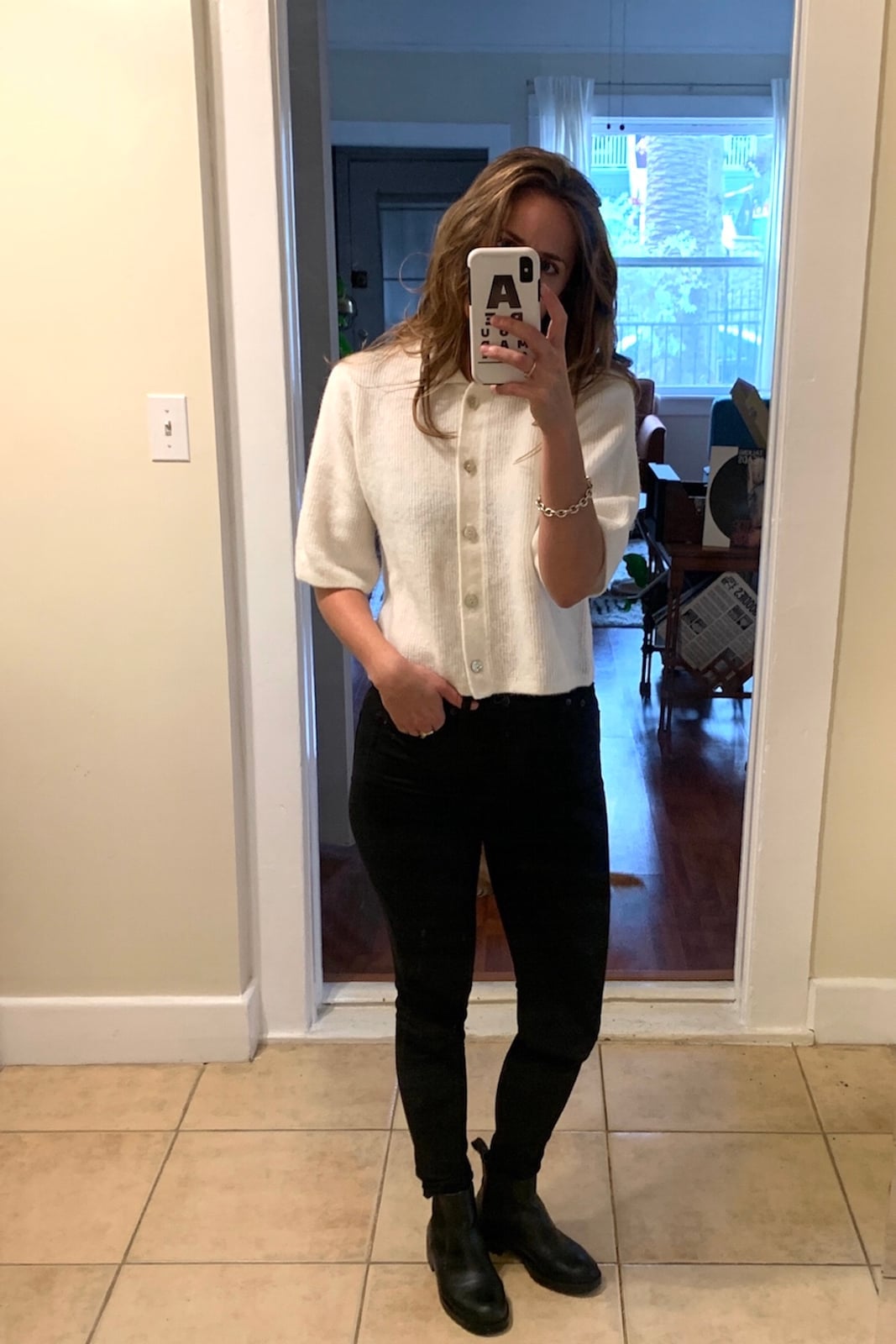 Pearl button cardigan over black trousers Pearl button cardigan over black trousers — Lazy Outfits