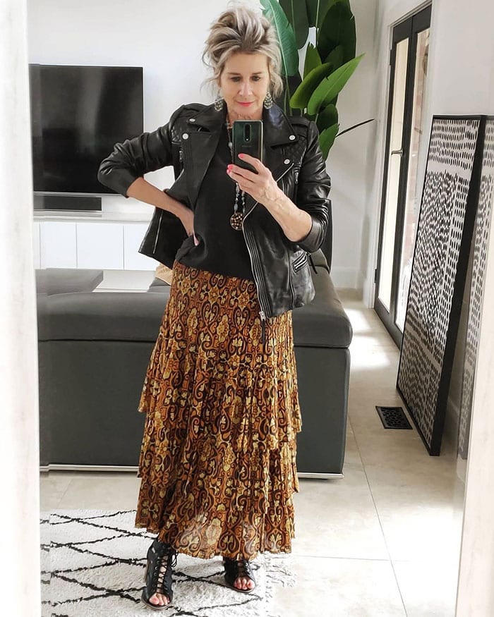 Black leather moto jacket with tiered printed maxi skirt Black leather moto jacket with tiered printed maxi skirt — Leather Jacket Outfits Women