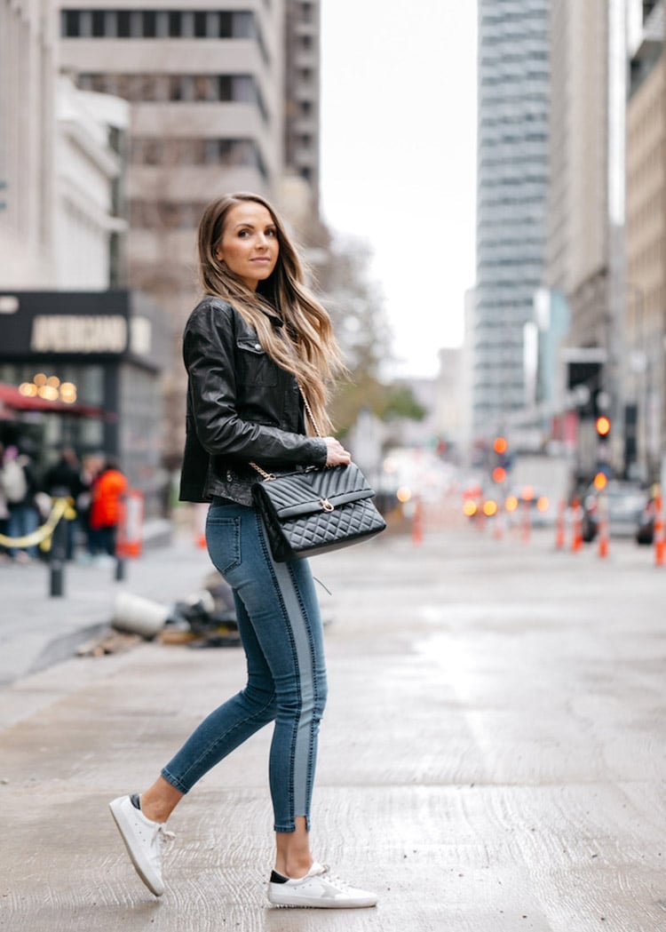 Black leather moto jacket with black top and striped, Close-Up Take Black leather moto jacket with black top and striped, Close-Up Take — Leather Jacket Outfits Women