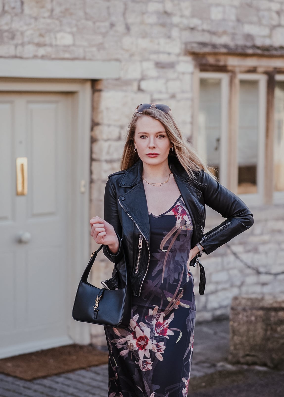 Black leather jacket with floral print slip dress Black leather jacket with floral print slip dress — Leather Jacket Outfits Women
