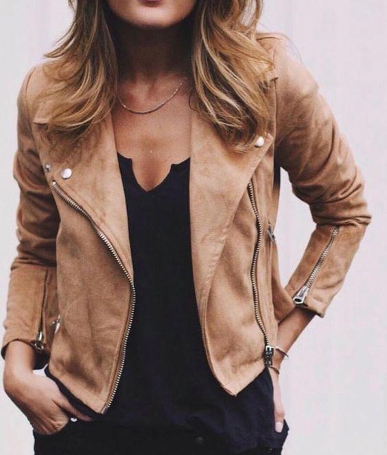 Beige suede moto jacket over black v-neck top Beige suede moto jacket over black v-neck top — Leather Jacket Outfits Women