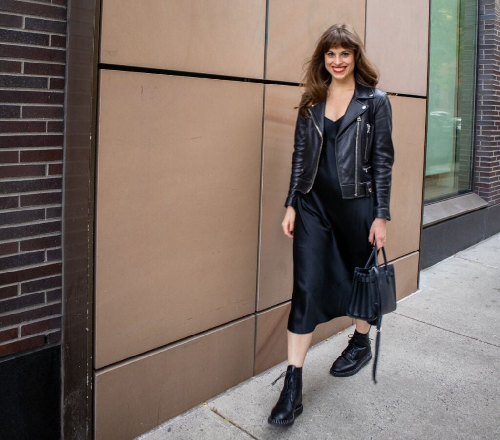 Black leather moto jacket over black satin slip dress Black leather moto jacket over black satin slip dress — Leather Jacket Outfits Women