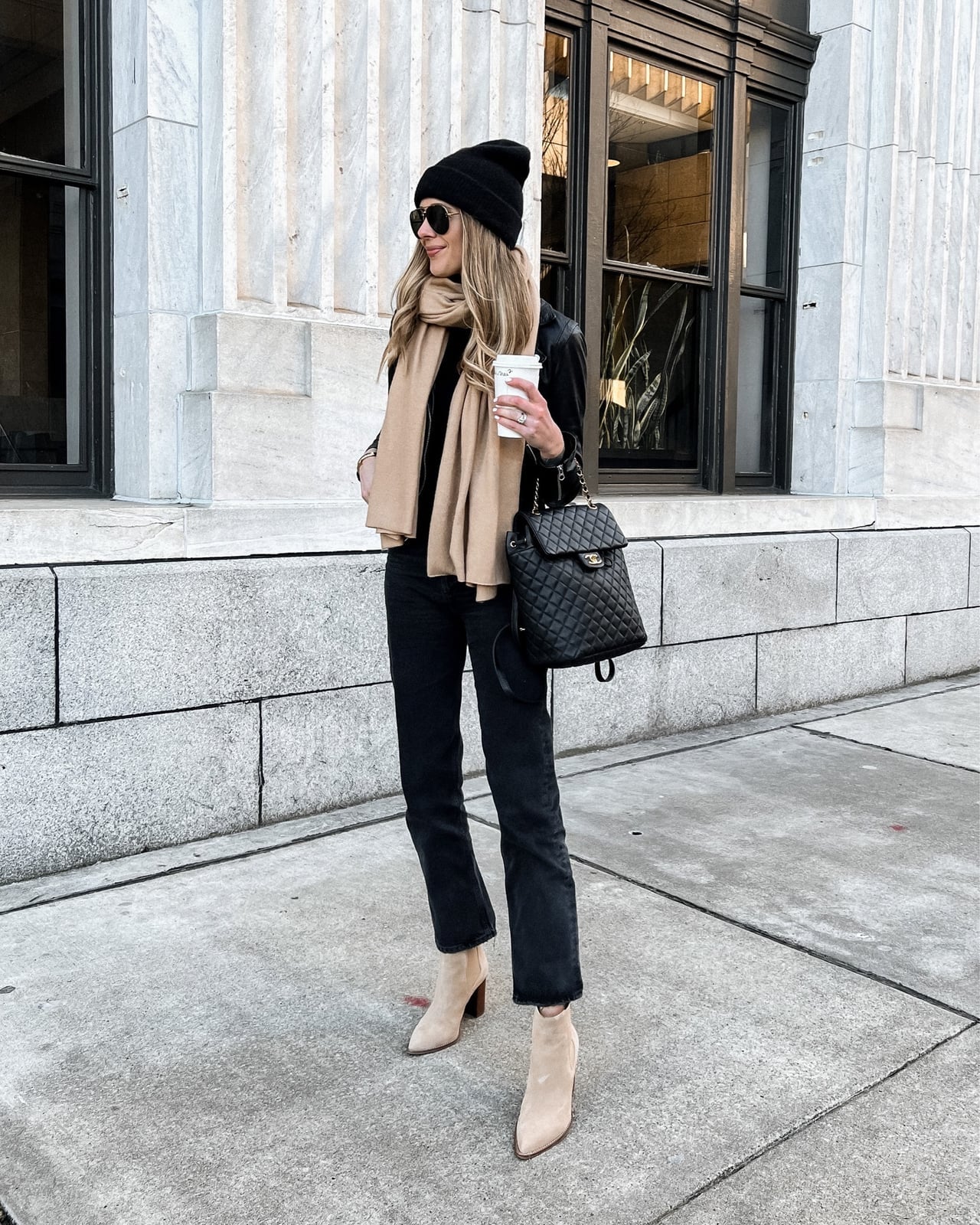 Black leather jacket with black turtleneck and camel accessories Black leather jacket with black turtleneck and camel accessories — Leather Jacket Outfits Women