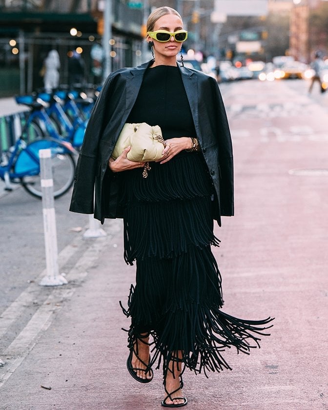 Black leather blazer with fringe maxi skirt Black leather blazer with fringe maxi skirt — Leather Jacket Outfits Women