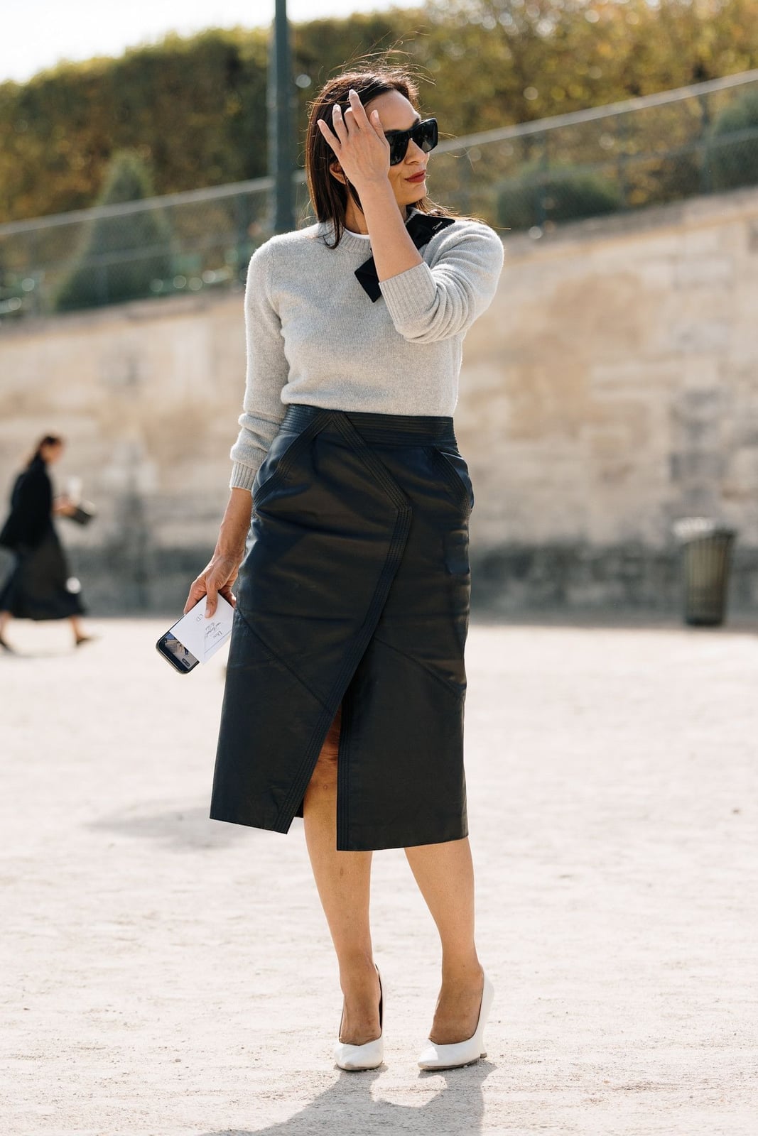 Black asymmetrical leather midi skirt with crewneck, Close-Up Take Black asymmetrical leather midi skirt with crewneck, Close-Up Take — Leather Skirt Outfits