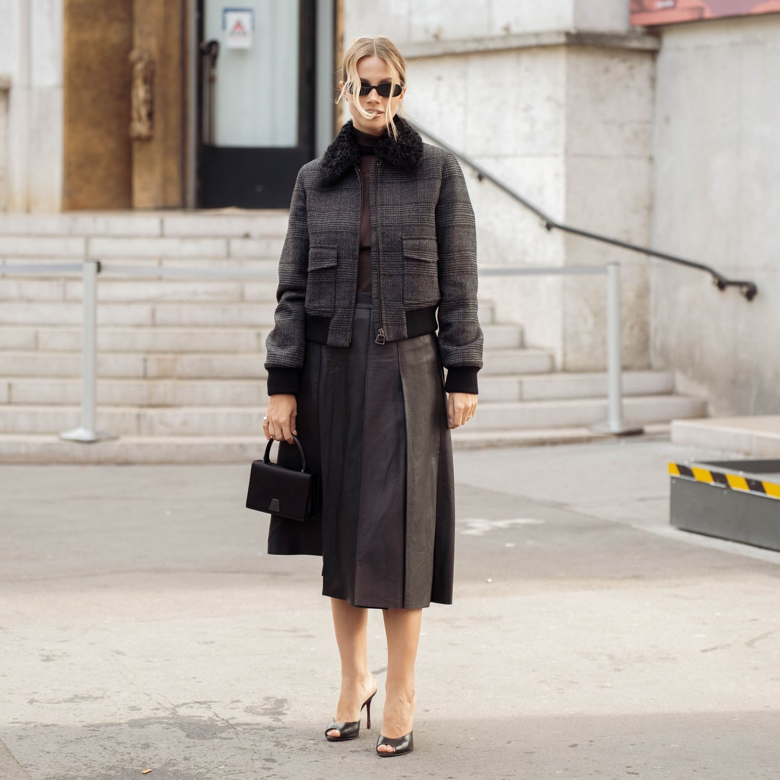 Black faux leather pleated midi skirt with bomber jacket Black faux leather pleated midi skirt with bomber jacket — Leather Skirt Outfits