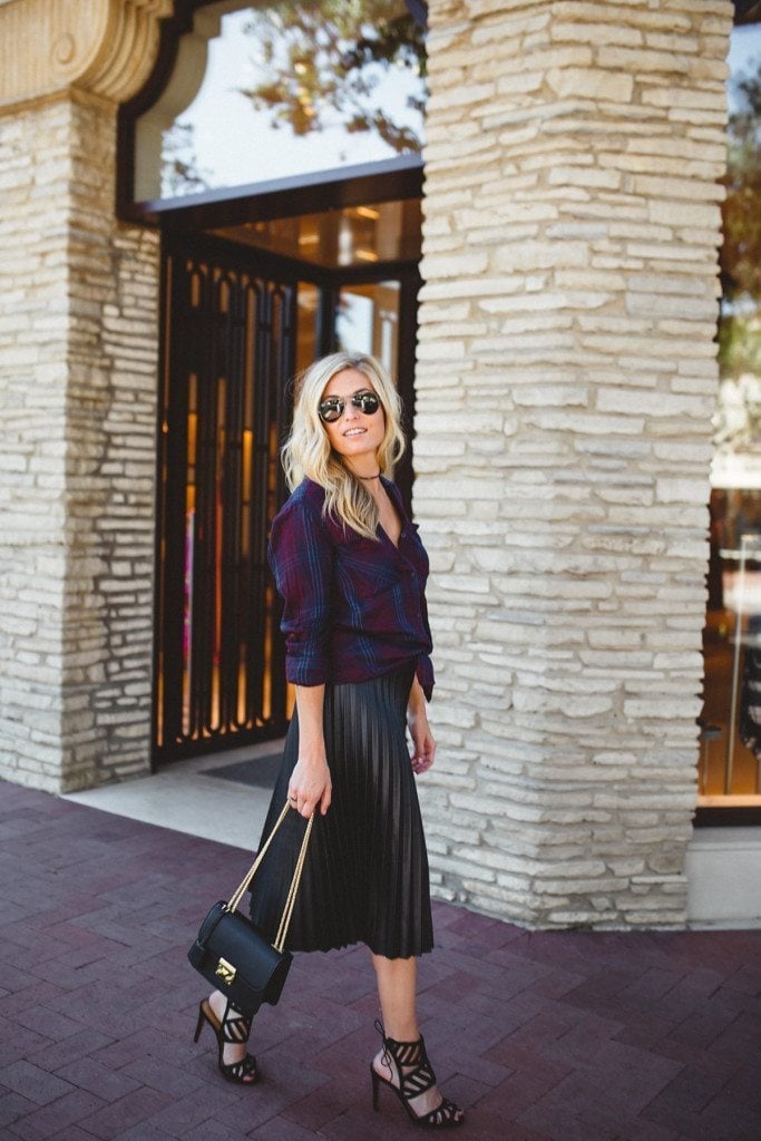 Black pleated faux leather midi skirt with plaid shirt Black pleated faux leather midi skirt with plaid shirt — Leather Skirt Outfits